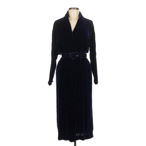 Vintage Ralph Lauren Collection Velvet Midi Dress 6 S Belted Collared Vneck 80s - Picture 1 of 13